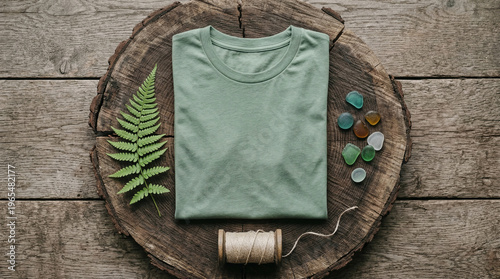 Blank sage green t-shirt for mockup on rustic wood slice with fern leaf, colorful sea glass gems and thread spool on wooden background, earthy nature flat lay