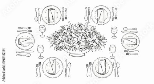 Elegant table setting with floral centerpiece, complete with plates, cutlery, and wine glasses