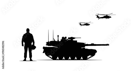 Soldier, Tank, and Helicopters Silhouette - Military Power and Air Support