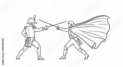 Two swordsmen in historical costumes duel with swords, one wearing a cape.