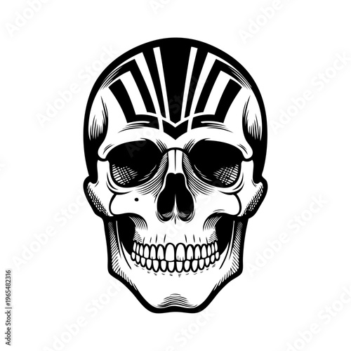 Logotipo con dibujo con líneas de una calavera con decoración de estilo azteca para El Día de los Muertos 