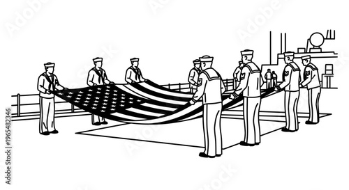 US Navy Sailors Hoist American Flag on Ship Deck