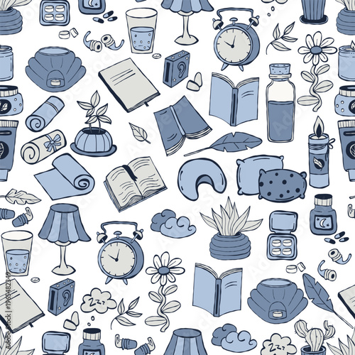 Sleep, Insomnia and Reading Seamless Pattern. Books, Alarm Clock, Night Lamp, Flowerpot, Earplugs, Sleeping Pills and Pillows on White Background. Blue Line Art hand-drawn. Vector Illustration.