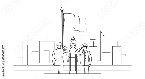 Veterans Saluting Flag with City Skyline Background