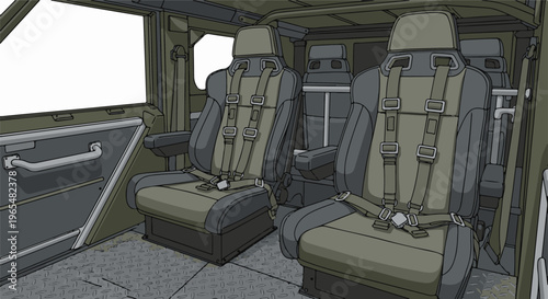 Inside view of a utilitarian vehicle's cabin with multiple safety seats