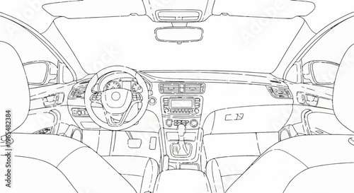 Interior view of a modern vehicle's cabin, showcasing dashboard, steering wheel, and seats
