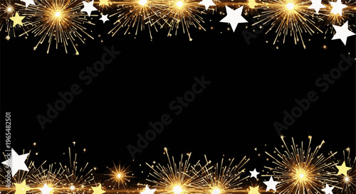 Golden sparks and white stars frame a dark void, suggesting celebration or night sky