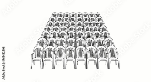Many identical plastic chairs stacked in rows and columns