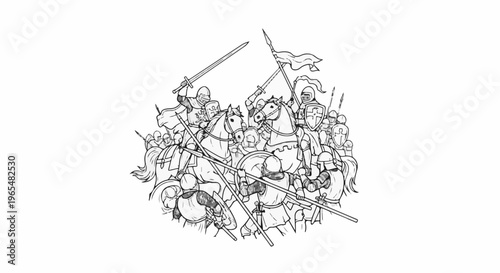 Medieval knights in armor on horseback clash with swords and lances