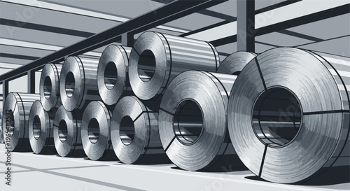 Industrial warehouse interior filled with large metallic coiled rolls