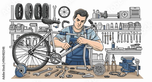Mechanic working on a bicycle with tools and spare parts in a workshop