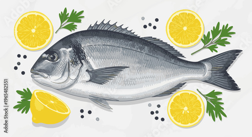 Fresh fish with lemons, herbs, and peppercorns