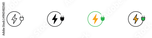 Electric plug and lightning bolt icon set. Green energy and power charging symbol. Vector Illustration.