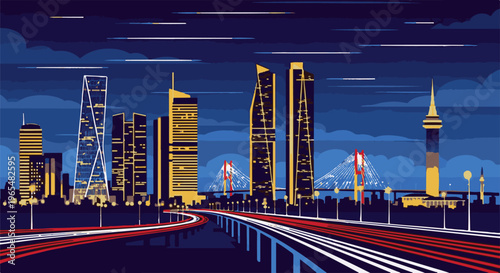 Modern city skyline at night with illuminated skyscrapers and light trails from traffic