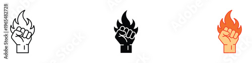 Raised fist with flame icon set. Empowerment, strength, power, protest and revolution symbol. Vector Illustration.