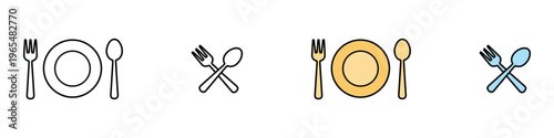 Restaurant dining plate with fork and spoon icon set. Food service and kitchen cutlery symbol. Vector Illustration.