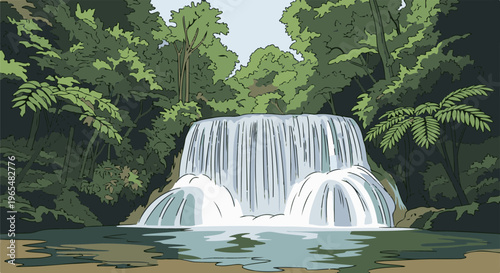 Lush jungle surrounds a cascading waterfall into a serene pool