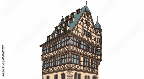 Detailed illustration of a historic half-timbered building with multiple floors and dormer windows