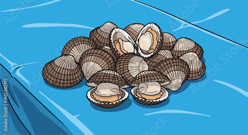 Pile of open and closed shellfish resting on a blue rippling surface