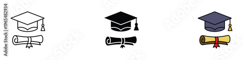 Graduation cap and diploma scroll icon set. Education and academic achievement symbol. Vector Illustration.