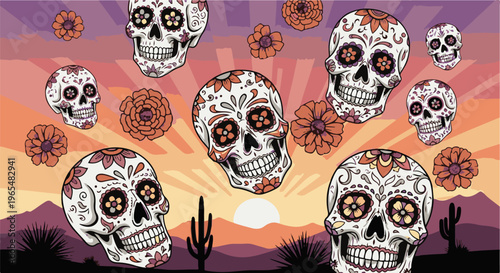 Day of the Dead skulls and flowers in a desert sunset