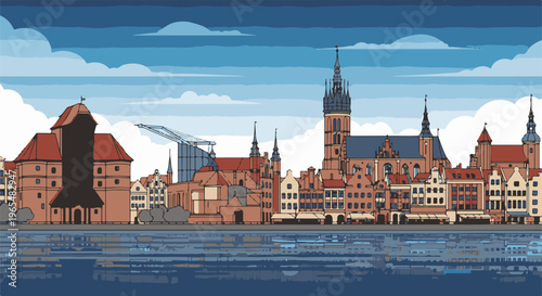 Pixel art city skyline with historical buildings and river reflection