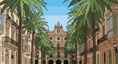 Ornate building facade framed by lush palm trees on a sunny day