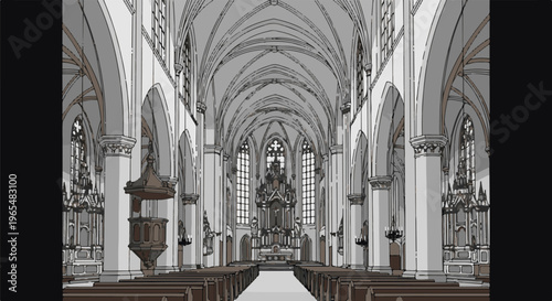Ornate Gothic cathedral interior with high vaulted ceilings, stained glass windows, and pews