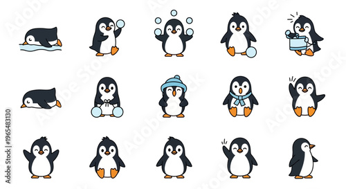 Cute Cartoon Penguin Characters Various Poses.
