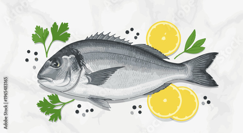 Realistic illustration of a whole fish with lemon slices, parsley sprigs, and peppercorns