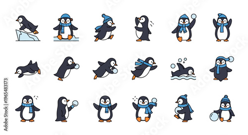 Penguins in various funny poses.