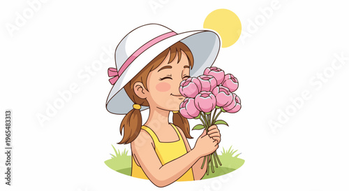 Girl in a hat smells pink flowers under the sun