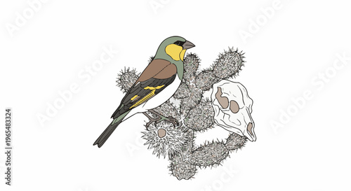 Bird perched on cactus next to animal skull on white background