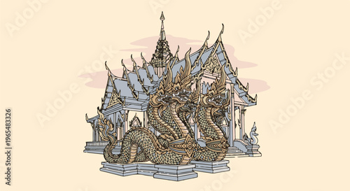 Ornate temple structure guarded by three mythical serpent guardians