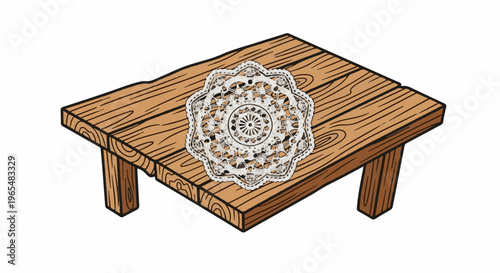 Rustic wooden table with a decorative doily in the center