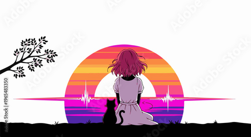 Girl in light dress with cat watches sunset over digital waves