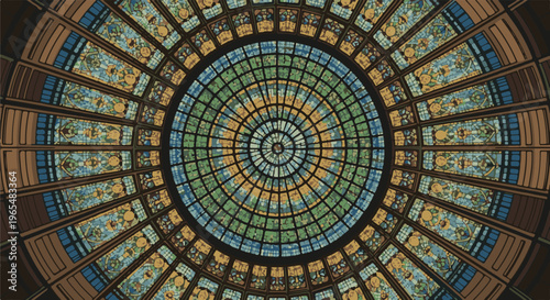 Ornate radial stained glass dome with intricate floral patterns and geometric divisions