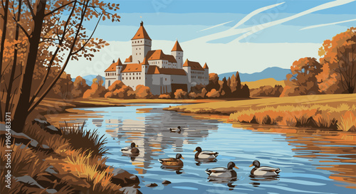 Autumnal landscape with a castle and ducks swimming in a river