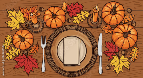 Autumn table setting with pumpkins, leaves, candles, and cutlery