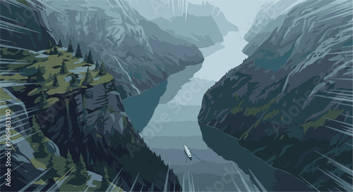 Serene fjord with a lone boat navigating the calm waters between steep cliffs