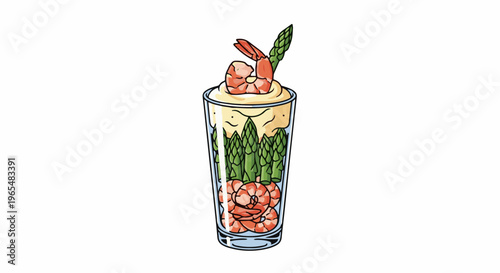 Glass filled with creamy sauce, asparagus spears, and shrimp cocktail