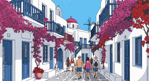 People stroll through a picturesque, vibrant village with white buildings and colorful flowers