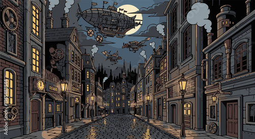 Pixel art cityscape with steampunk airships and Victorian architecture at night