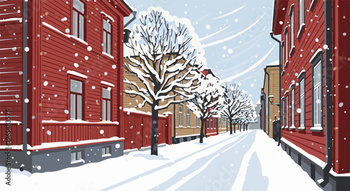 Snow falls on a picturesque street lined with wooden houses and bare trees