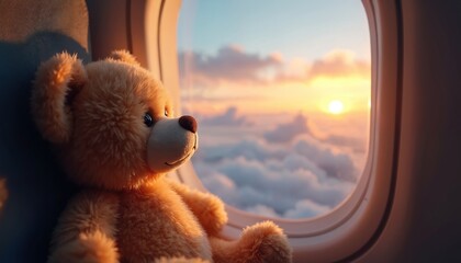 Fluffy teddy bear sits by airplane window, watches sunset clouds. Plush toy travels by air, enjoys scenic view. Childhood comfort, imagination, and adventure.