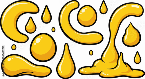 Glossy yellow liquid blobs, drops and swirls, abstract playful design elements