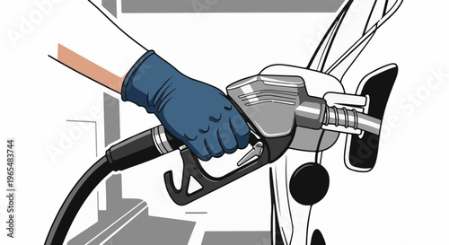 Gloved hand holds fuel pump nozzle, filling vehicle