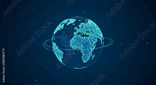 Glowing abstract digital planet with orbiting ring and stars