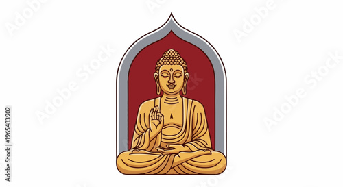 Golden Buddha meditating serenely within an arched, burgundy niche