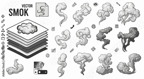 Vector graphic elements showcasing diverse grey smoke plumes and art tools